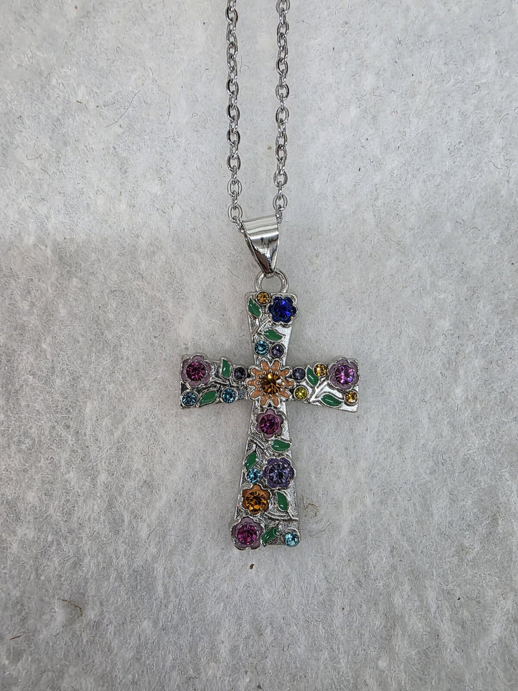 Silver Tone Multicolor Rhinestone Cross Pendant Necklace