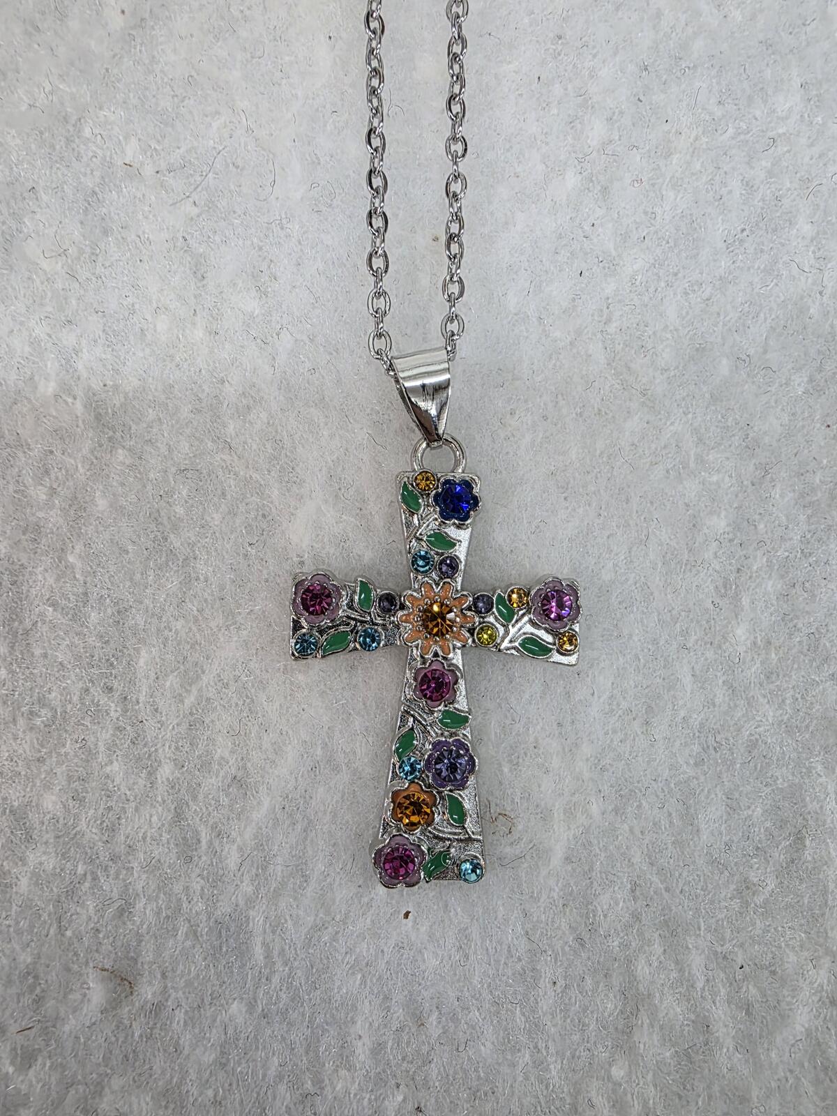 Silver Tone Multicolor Rhinestone Cross Pendant Necklace