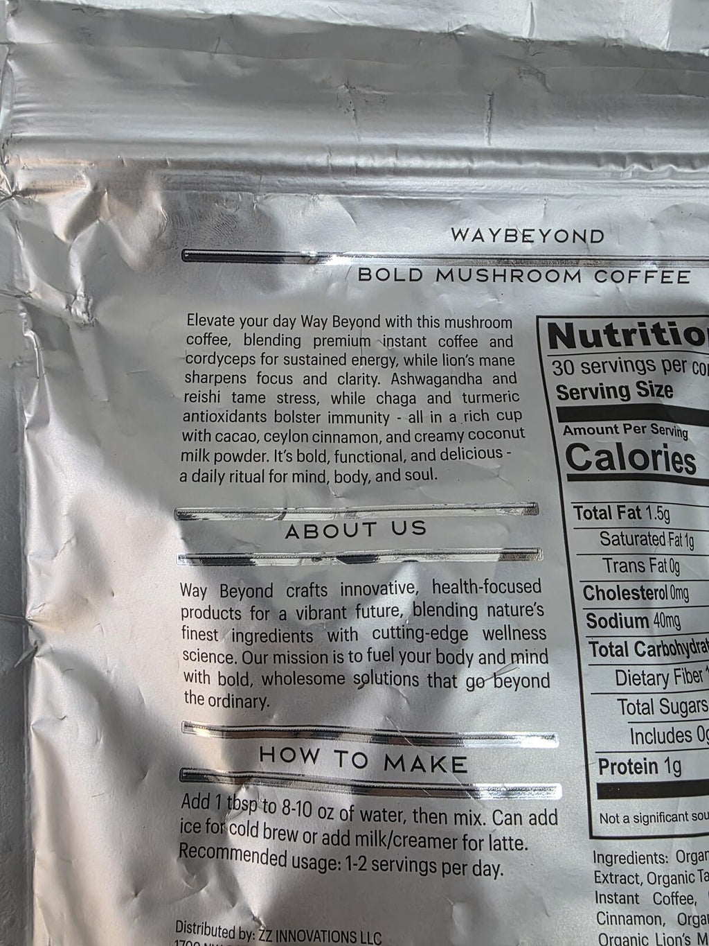Way Beyond Bold Mushroom Coffee 30 Servings Instant Coffee Pouch