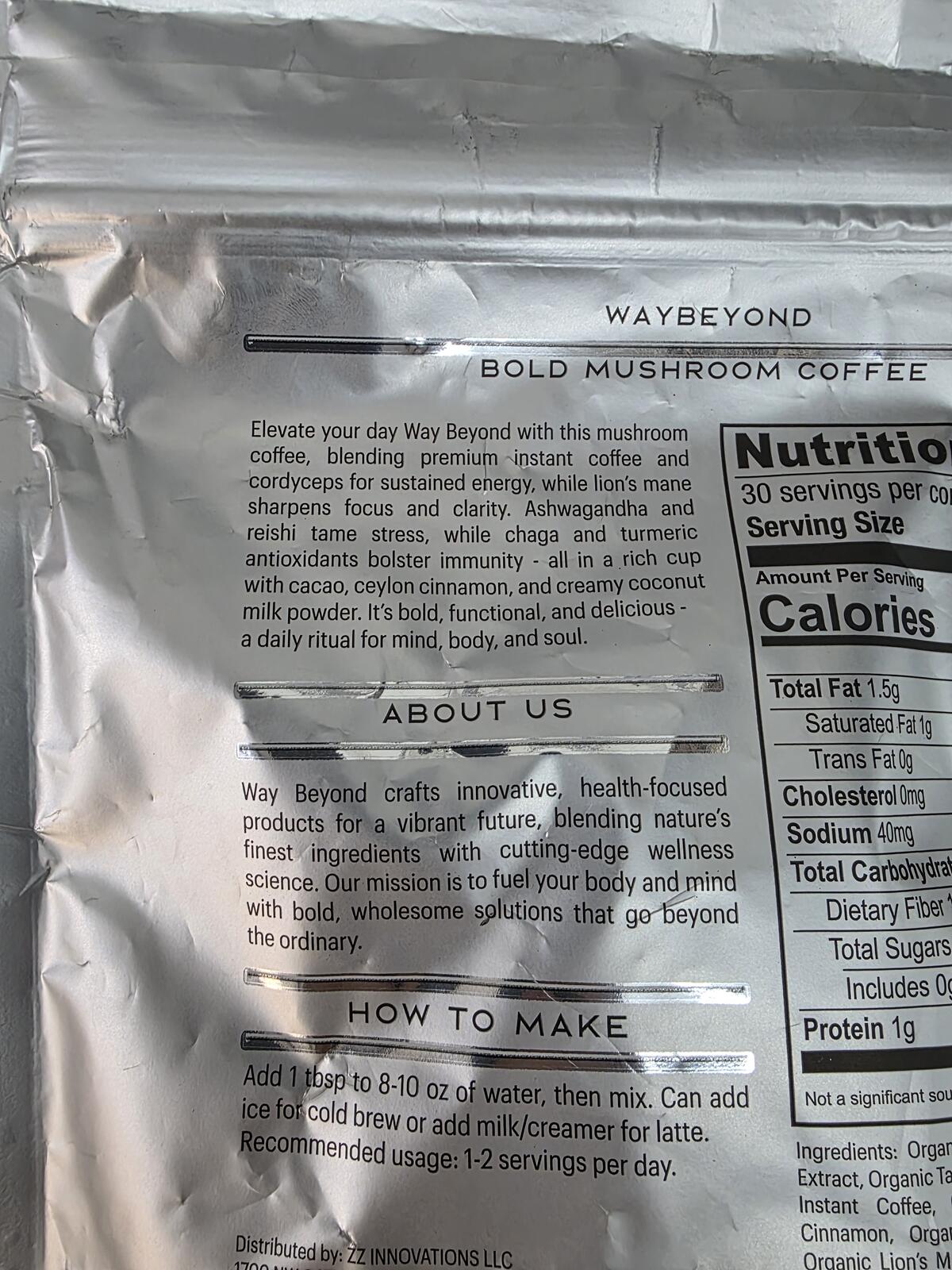 Way Beyond Bold Mushroom Coffee 30 Servings Instant Coffee Pouch