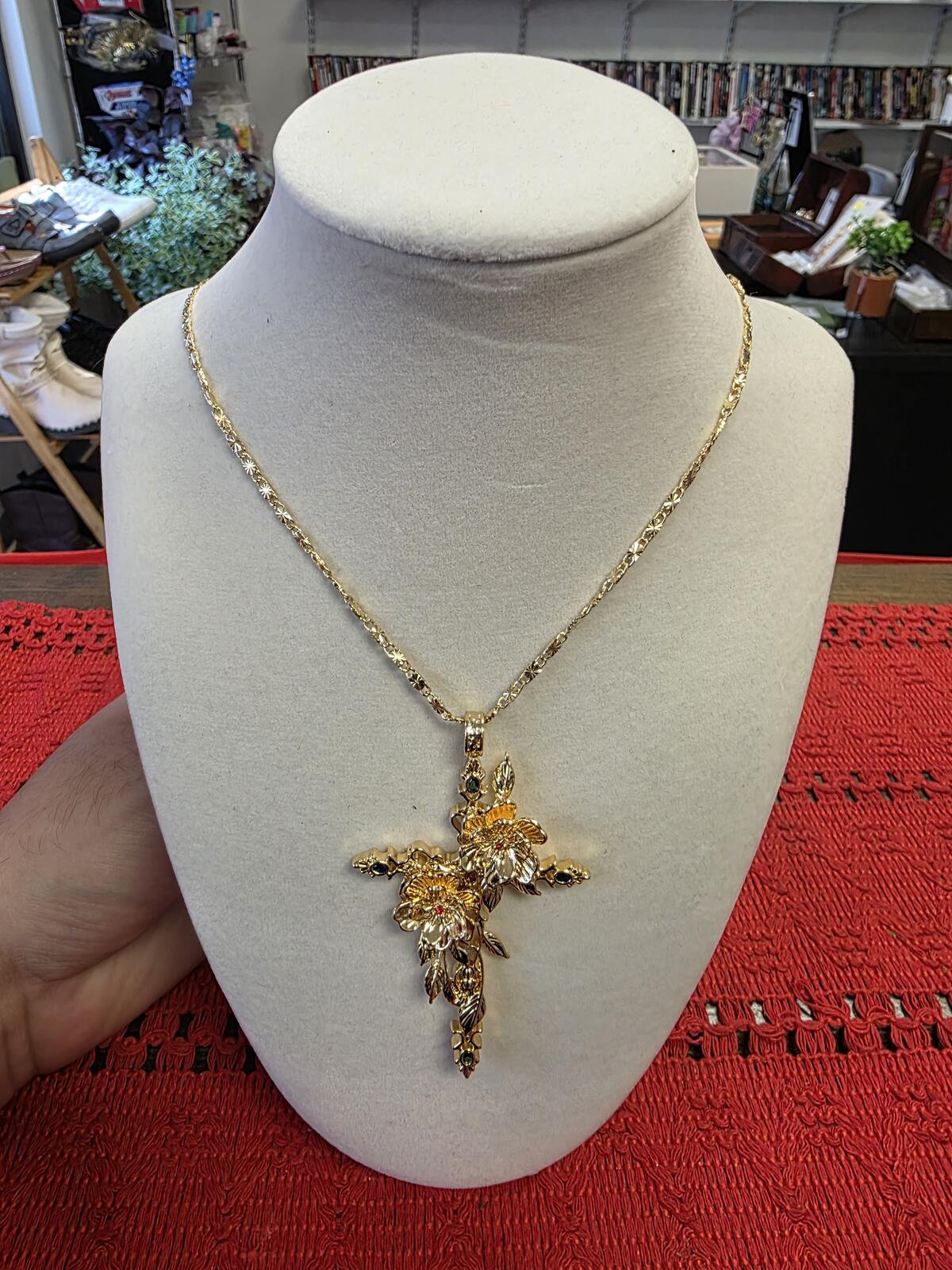 Gold Tone Floral Cross Pendant Necklace with Chain