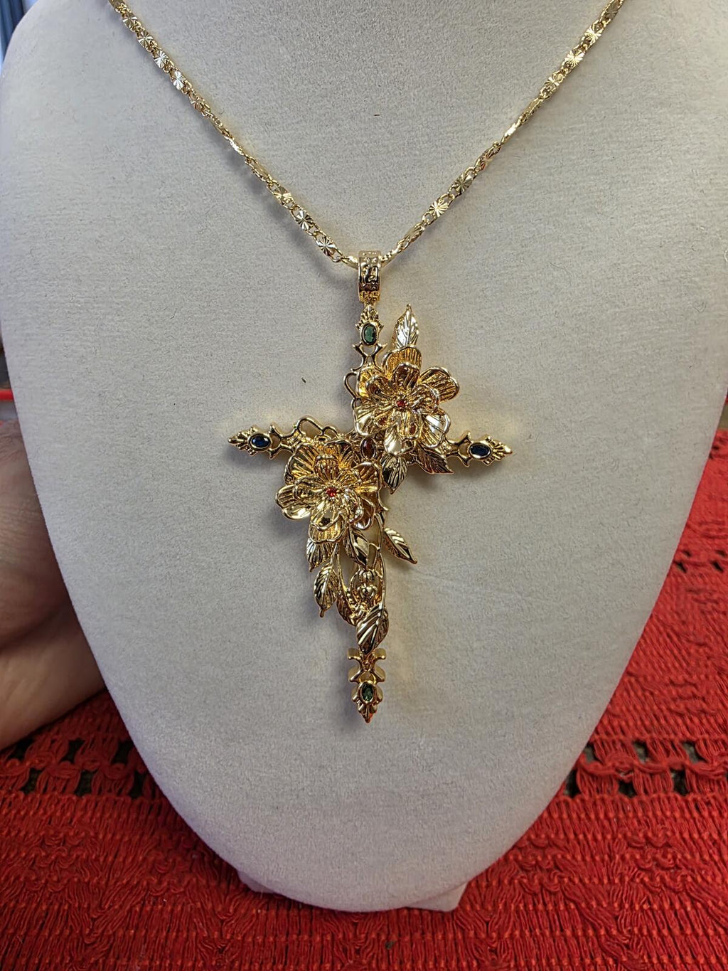 Gold Tone Floral Cross Pendant Necklace with Chain