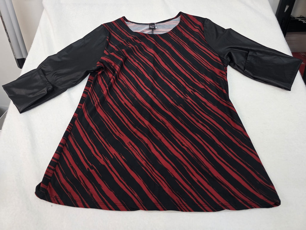 Stella Max Women's XL Red and Black Striped Top with Faux Leather Sleeves