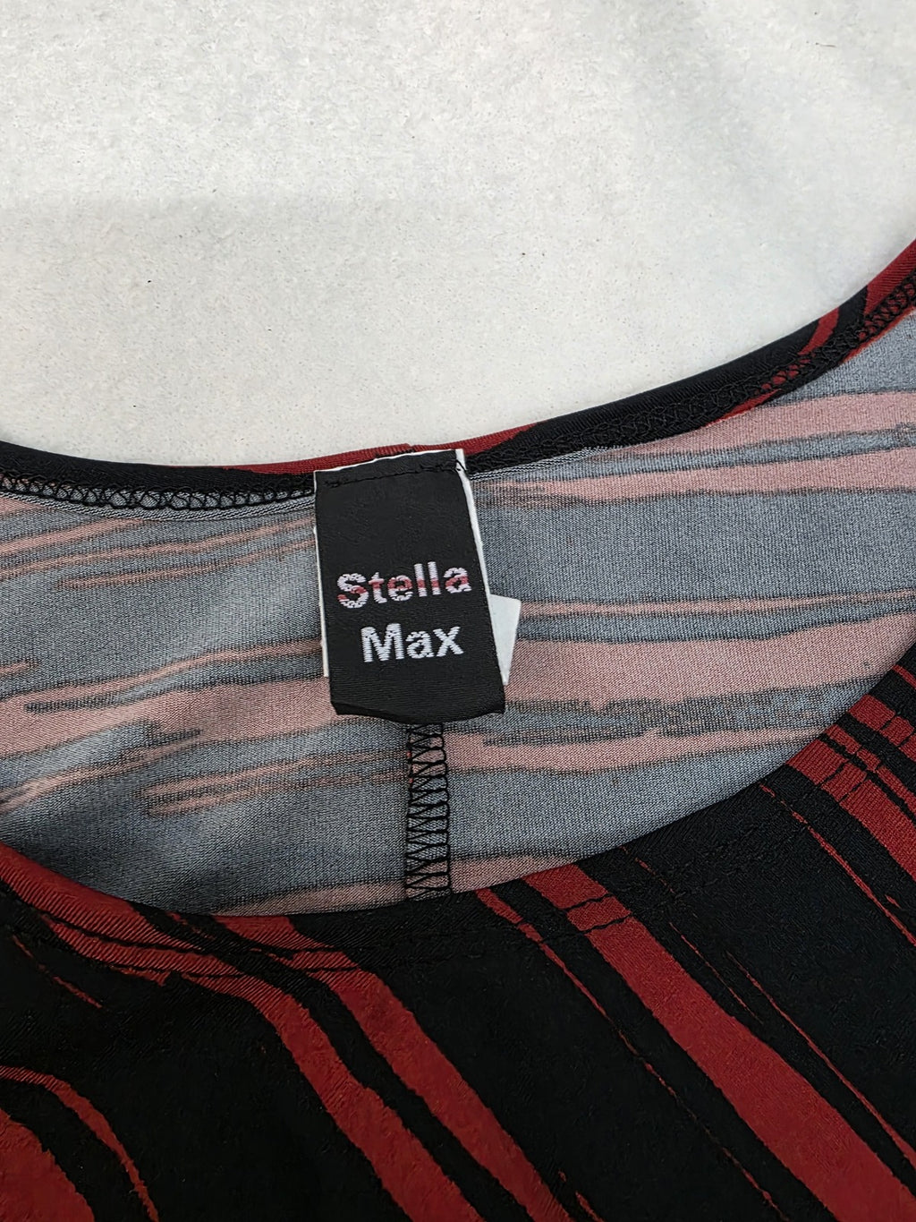 Stella Max Women's XL Red and Black Striped Top with Faux Leather Sleeves
